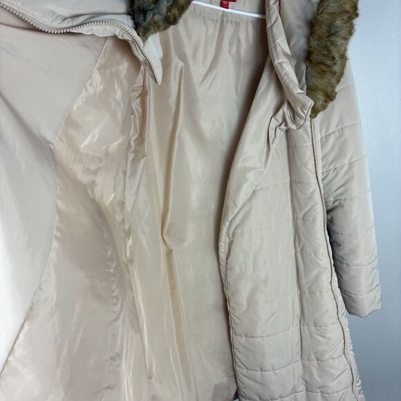 GUESS Hooded Puffer Coat Faux Fur Hood Women’s L Tan Jacket Insulated Y2K Winter - Picture 8 of 14